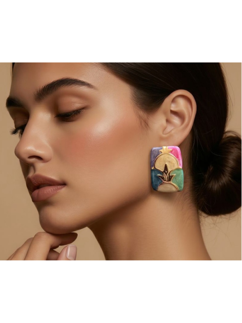 Vintage Enamel Multicolor Pastel Gold Statement Earrings Retro Glam Unique Rare